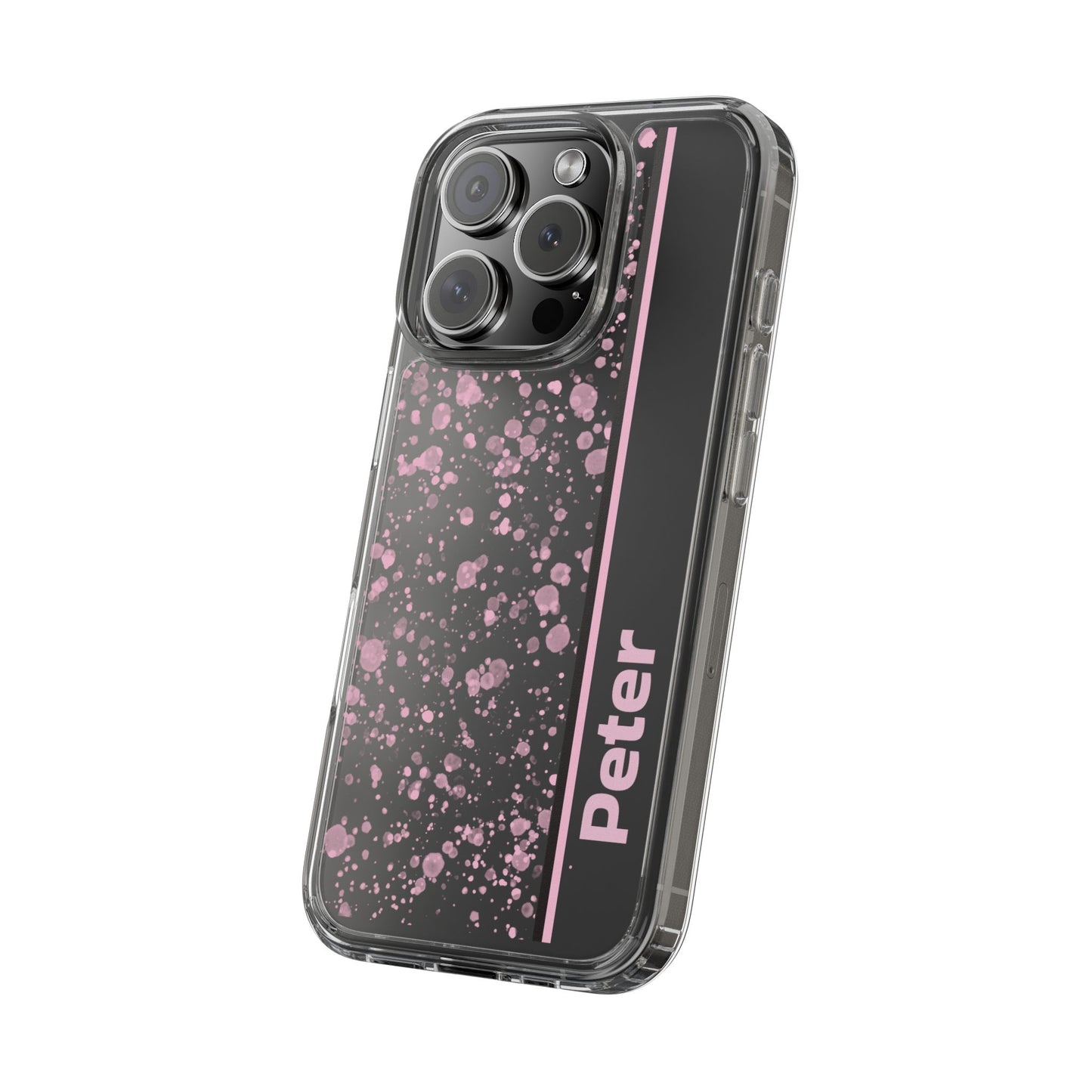 Personalized Clear Phone Case with Pink Splatter Design