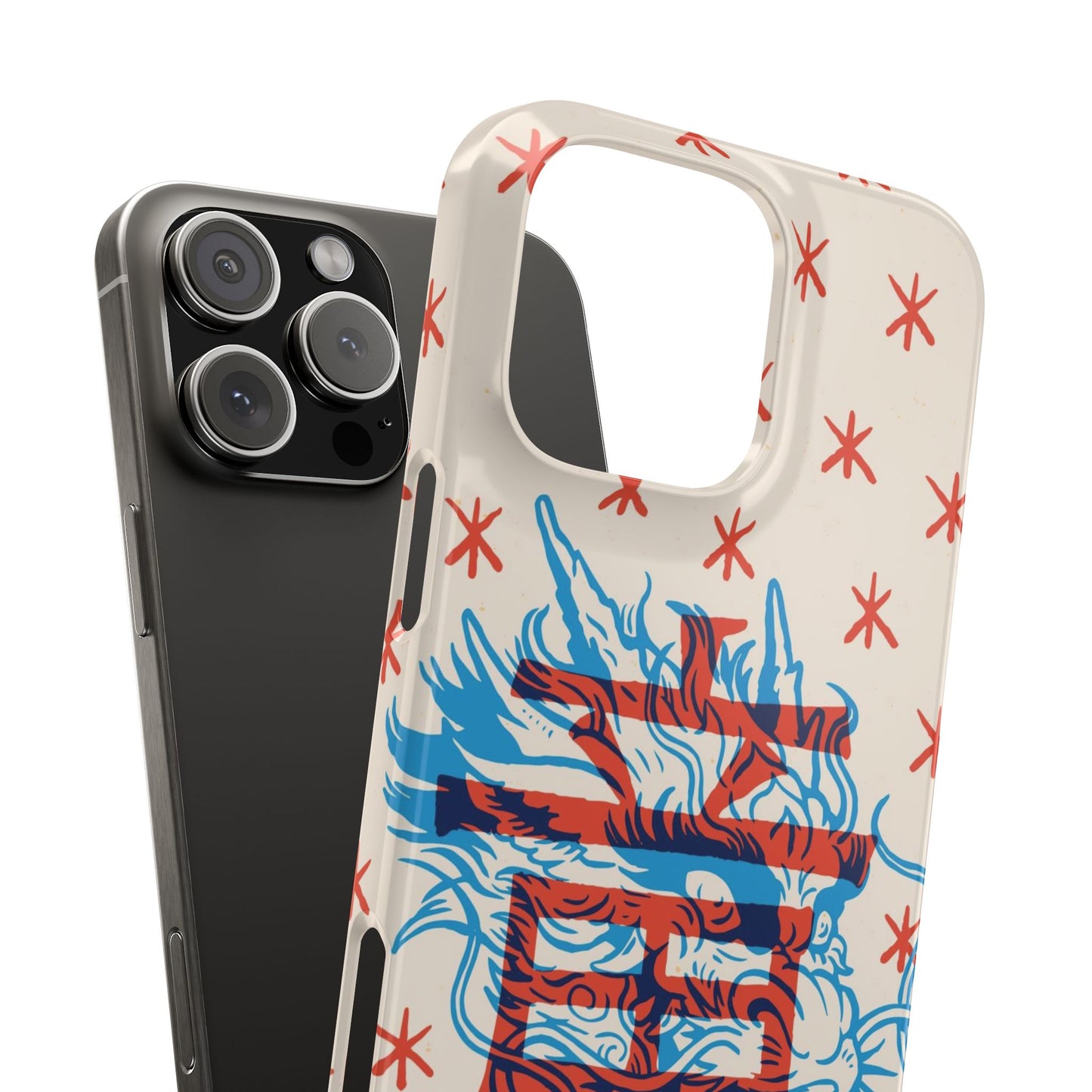 Geek iPhone case with dragon design and Asian art duotone style. Iphone 15 case, iphone 14 and iphone 13 pro and max